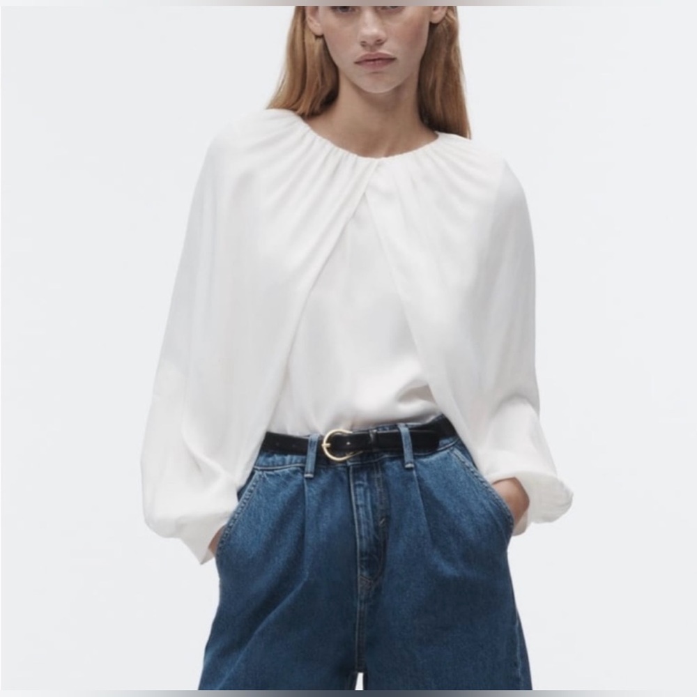 NWT Zara cape sleeve satin effect blouse oyster white S